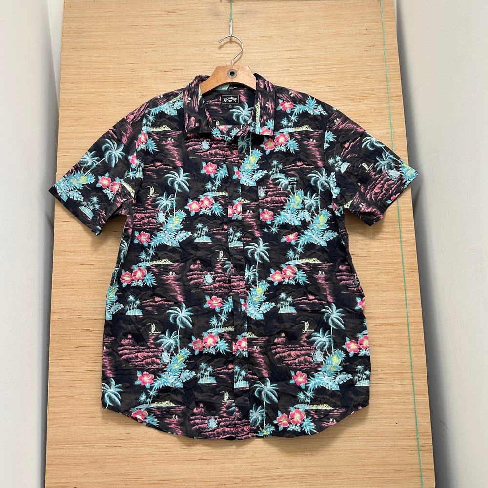 Billabong Mens Large Tropical Palm Tree Hibiscus Button Down Shirt Black Multi